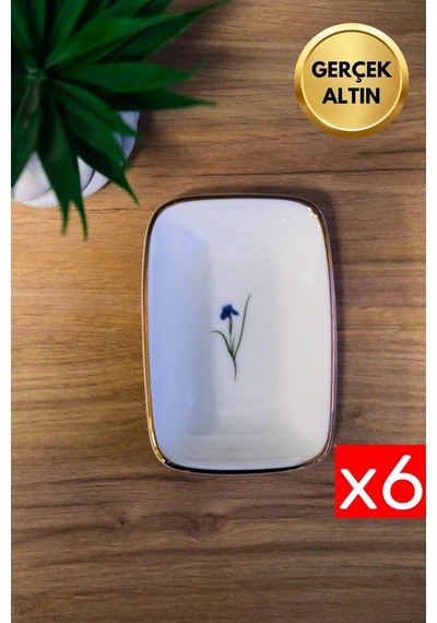 Tabak Evi Porselen Natura İris Altın Yaldızlı Dikdörtgen Kayık Tabak 12x8,50cm 6 Lı Çok Renkli
