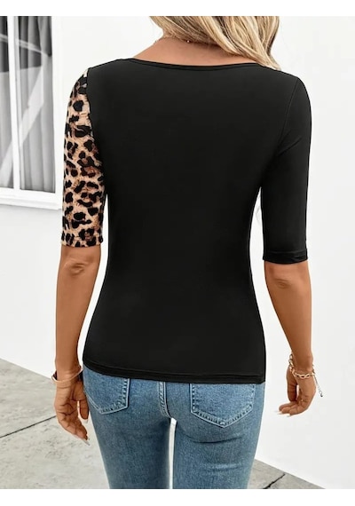 De'charme Kadın Kısa Kollu Asimetrik Kesim V Detaylı Leopar Desenli Viskon Bluz Siyah