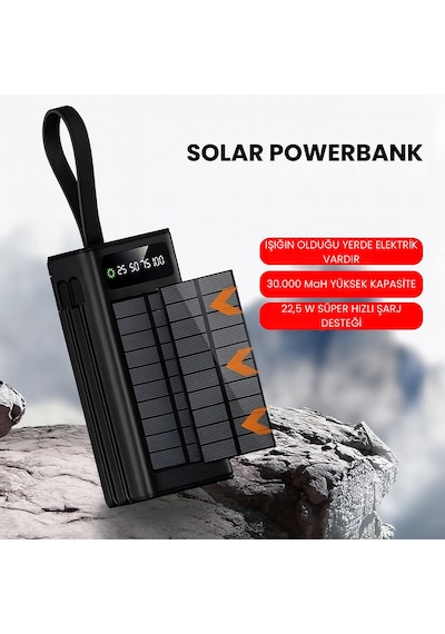 30000 Mah Solar Powerbank Güneş Enerjili Taşınabilir Şarj Cihazı 22.5w Hızlı Şarj Dahili Kablolu Çoklu Çıkış Dijital Ekran Siyah - Siyah
