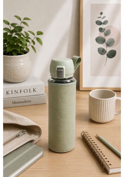 H2o Pastel Renk Kılıflı Kilit Kapaklı 500 Ml Cam Matara Sızdırmaz Ofis Ve Spor İçin Koruyucu Kılıflı Cam Suluk Haki