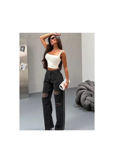 Kene Jeans Çift Diz Lazer Yırtık Füme Bol Paça Jeans Füme