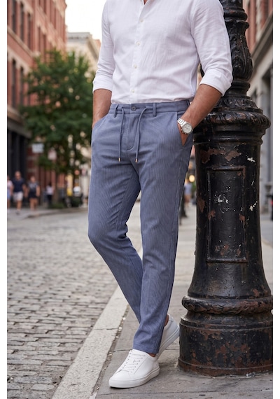 Rizzup Erkek Slim Fit Çizgili Mavi Kumaş Pantolon İpli Esnek Bel Likralı Spor Pantolon 2700240