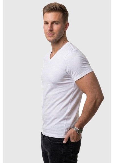 Rizzup Erkek Beyaz Slim Fit %90 Pamuk V Yaka Likralı Yumuşak Dokulu Basic Tişört 1801165