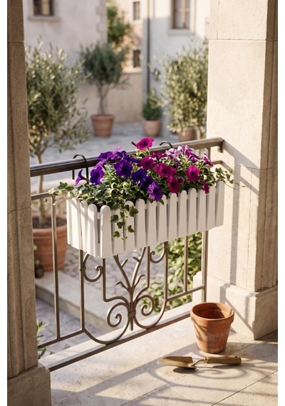Balkon Saksısı Çit Saksı Beyaz Renk Metal Askı Aparatlı Dekoratif Balkon Saksı 9lt 53cm İb02