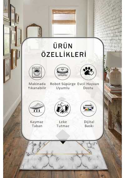 Asena Beyaz Gold Dijital Baskılı Kaymaz Yıkanabilir Yolluk Beyaz - Gold