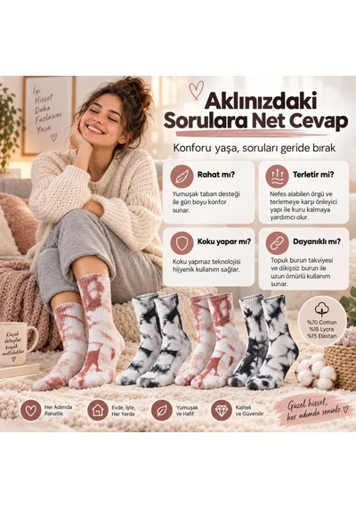 Genel Unisex Batik Desenli Çorap 3'lü Set Pamuklu Uzun Soket Günlük Spor Nef Çok Renkli / 39-44 / 3 Adet Çok  Renkli