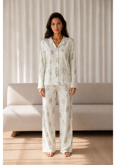 Kadın Desenli Basic Kış Çağla Yeşili Pijama Takımı