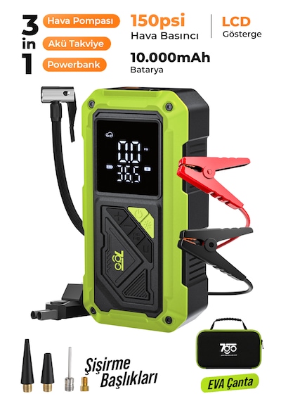 7go 7a4 Akü Takviyeli Hava Pompası & Jump Starter 10000mah Powerbank Çok Fonksiyonlu Araç Destek C