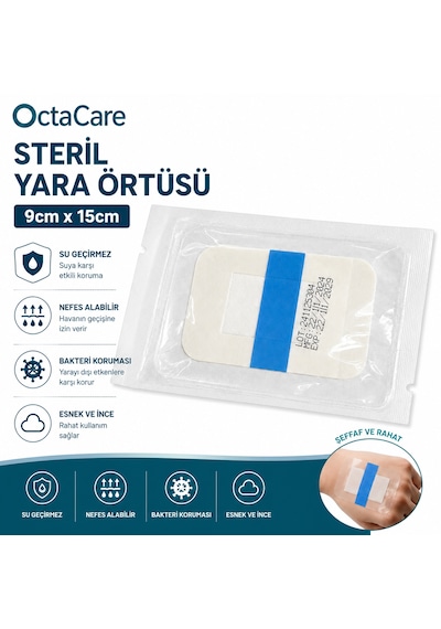 Octacare Su Geçirmez Pedli Şeffaf Pu Film Steril Yara Örtüsü 9cm 15cm 50 Adet