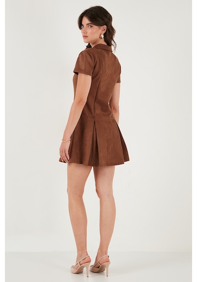 Lela Regular Fit Fermuarlı Polo Yaka Kısa Kollu Pileli Süet Bayan Elbise 5866438 Taba
