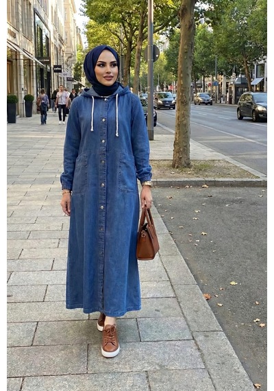 Hb Harma Time Butik Kadın Kapüşonlu Düğmeli Cepli Kot Mavi Kap