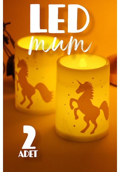 2li Led Mum Unicorn Bardak Tipi Pilli Dumansız Alevli Dekoratif Yapay Mum Dekor Lambası