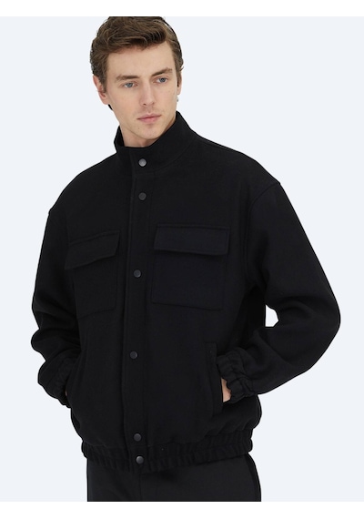 Kip Siyah Comfort Fit Dik Yaka Casual Dokuma Mont Siyah