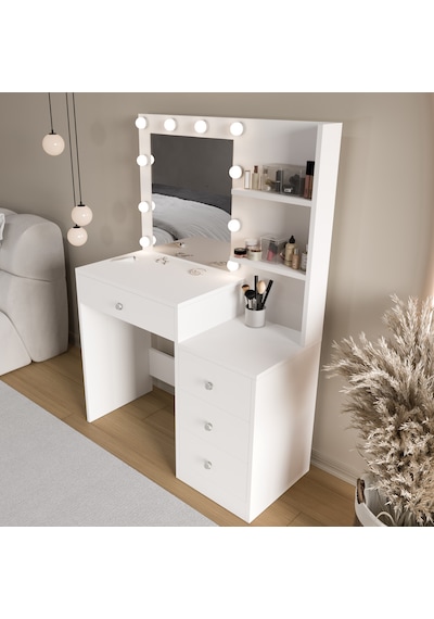 Robin Home Hollywood Makyaj Masası 4 Çekmeceli Düzenleyici Hollywood Led Işıklı Raflı Beyaz Robin Home Hollywood Makyaj Masası 4 Çekmeceli Düzenleyici Hollywood Led Işıklı Raflı Beyaz