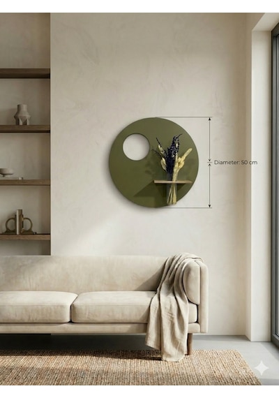 Sümbül 50 Cm Ahşap Pilli Ledli İskandinav Tarzı Duvar Rafı Modern Çiçeklik Haki