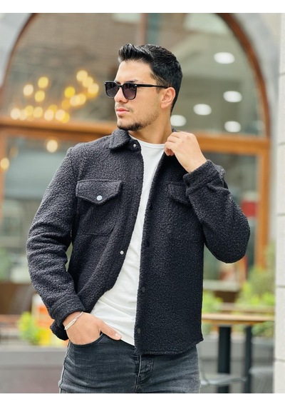 Miron Siyah Kıvırcık Dokulu Kumaş Gömlek Yaka Cepli Regular Fit Ceket Haki