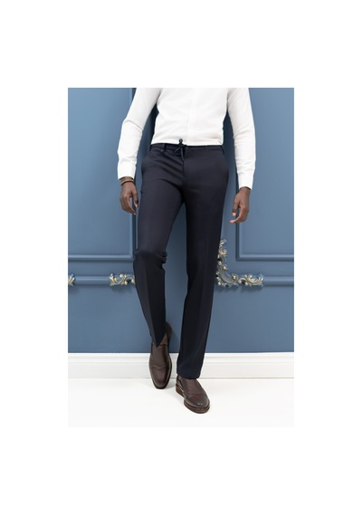 Ecer Regular Fit Armürlü Beli İplikli Astarsız Rayon Kışlık Kumaş Pantolon Lacivert