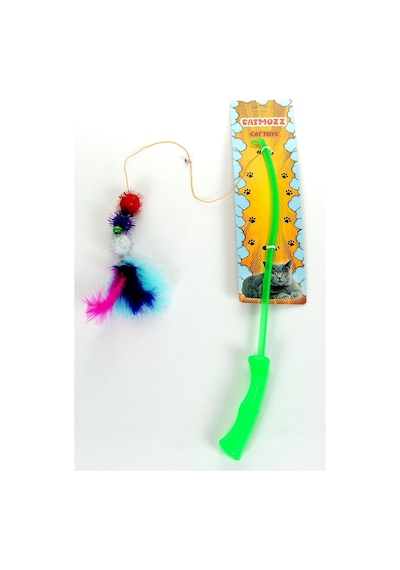 Catmozz Özel Tüylü Zilli Funny Plastik Saplı Kedi Oyuncağı Oltası 50 CM