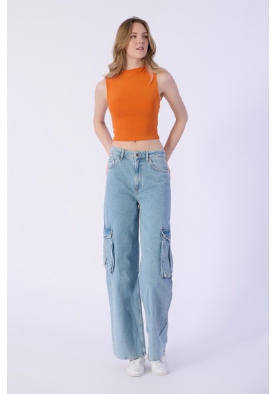 Açık Mavi Yüksek Bel Kargo Cepli Wide Leg Pantolon-açık Mavi Açık Mavi