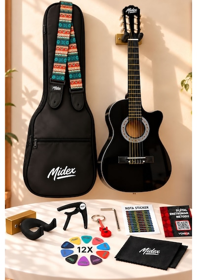 Midex CG - 395BK Siyah Klasik Gitar 4/4 Sap Ayarlı Kesik Kasa Full Set (Çanta Askı Pena)