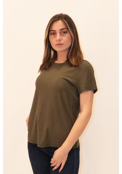 Rich Kadın Organik Bisiklet Yaka T-shirt %100 Pamuk Tişört Haki