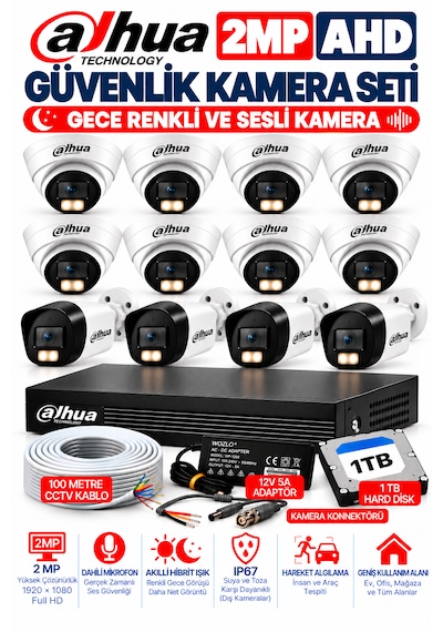 12'li 2mp Ahd Full Color Renkli Gece Görüş Sesli Kamera Seti 8 İç - 4 Dış Mekan Kamera