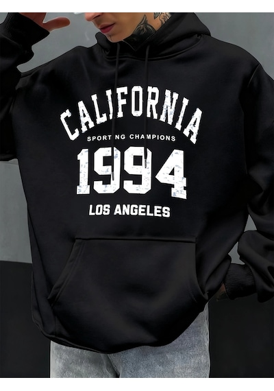 Startmore Tarzsokak Kaliforniya Mektubu 1994 Baskılar Hoodies Erkekler Sonbahar Moda Cep Hoody Rahat Polar Street Siyah