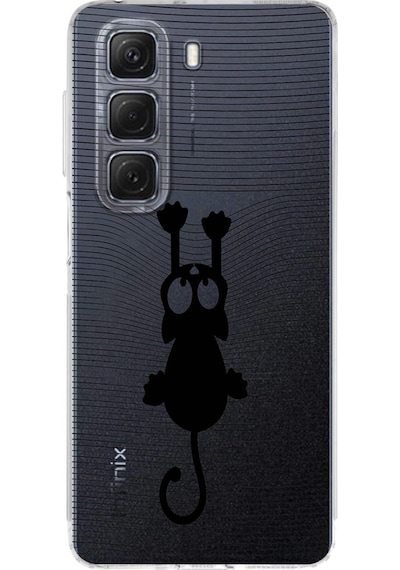 İnfinix Hot 50 Pro İle Uyumlu Çizgi Kedi Baskılı Tasarım Kamera Korumalı Şeffaf Kılıf Şeffaf