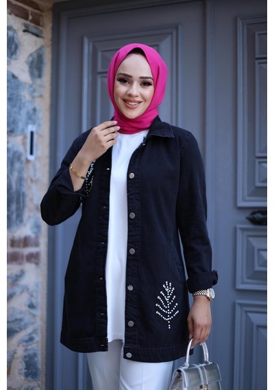 Harman Butik Kadın Boncuk Detaylı Denim Kot Ceket Siyah Siyah
