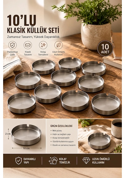 Porsima Etn Küllük - Paslanmaz Çelik 10 Lu Kül Tablası - Küllük Seti