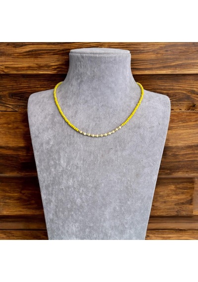 Kırmızı Sanat Evi Sarı Kristal Boncuklu Gold Detaylı Mini Bijuteri Kolye