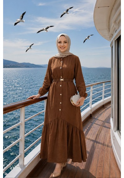 Hb Harma Time Butik Kadın Düğmeli Kemerli Çilek Kumaş Kahverengi Elbise Kahverengi Kahverengi Hb Harma Time Butik Kadın Düğmeli Kemerli Çilek Kumaş Kahverengi Elbise Kahverengi Kahverengi