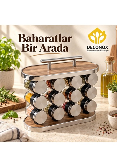 Deconox Standlı 12 Li Cam Baharatlık Seti, Metal Kapaklı Şeffaf B