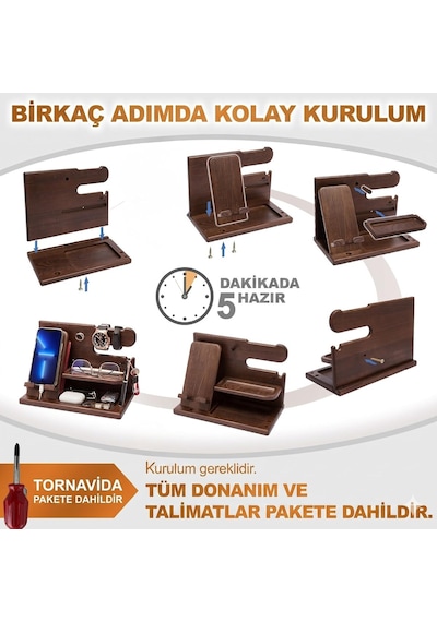 Maccif%100 Masif Maun Ahşap Masaüstü Düzenleyici Erkek Telefon Standı, Saat, Anahtar Ve Kalem Bölmeli Organiza Genel