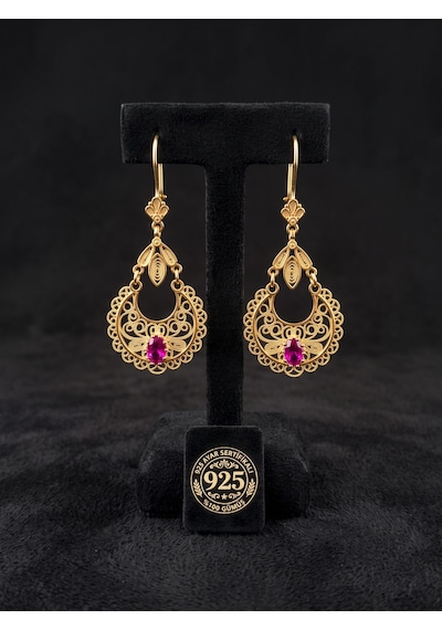 925 Ayar Gümüş Geleneksel Telkari İşlemeli Gold Fuşya Taşlı Sallantılı Küpe Rze10395
