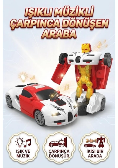 Eğitici Ve Eğlenceli Işıklı Kendinden Robota Dönüşen 15 Cm 2'si 1 Arada Araba Beyaz Oyuncak Araba Çok Renkli