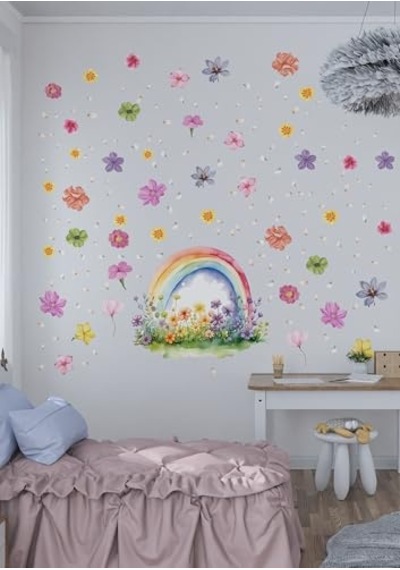 Gökkuşağı Ve Çiçek Desenli Duvar Sticker Mat Pvc, Kolay Uygulanan, Sökülebilir Dekoratif Duvar Çıkartması