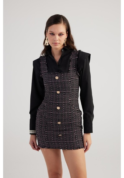Holly Lolly Metal Düğme Detaylı Mini Tweed Elbise Siyah