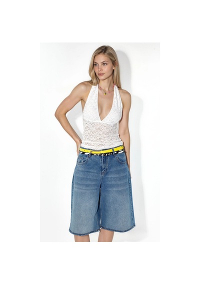 Hiccup Busem Kadın Payetli Halter Crop Bluz Beyaz