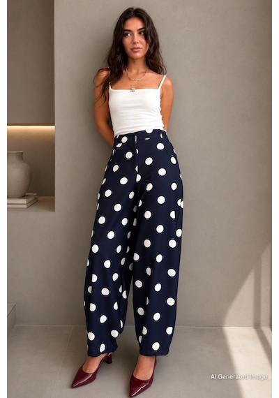 Madmext Lacivert Puantiyeli Beli Lastikli Balon Kadın Pantolon Mg2886