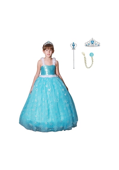 Butikhappykids Prenses Askılı Elsa Kostüm Taç Asa Saç 1-12 Yaş Mavi
