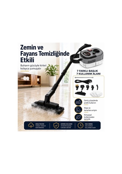 7 Başlıklı Çok Amaçlı Buharlı Temizleyici Şeffaf Su Hazneli Koltuk, Cam, Fayans Ve Zemin Temizleme Makinesi