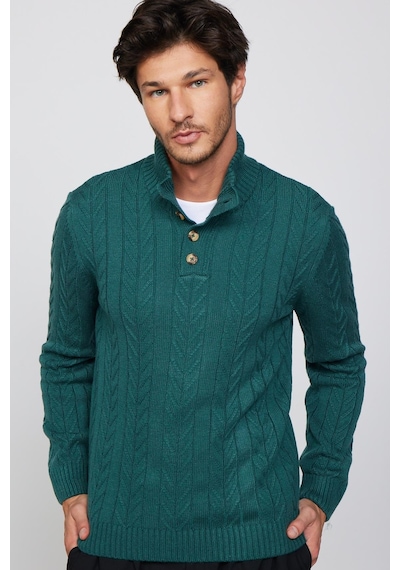 Tudors Erkek Slim Fit Dar Kesim Yumuşak Dokulu Desenli Dik Yaka Düğmeli Triko Yeşil Kazak-29889 Yeşil