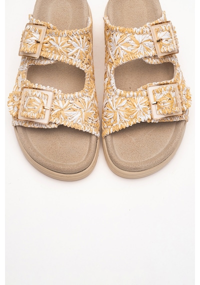 Luvishoes Luvi Shoes Mılana Bej Desenli Hakiki Deri Tokalı Çift Bantlı Kadın Terlik Bej
