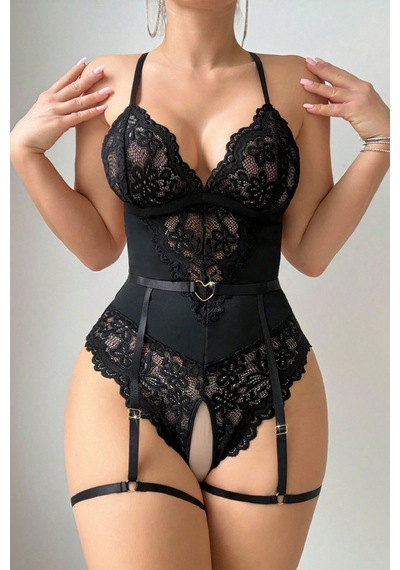 Angbutik Kadın Siyah Dantel Jartiyerli Bodysuit Gecelik - Kemer Detaylı