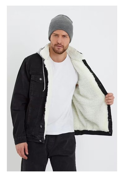 Kışa Meydan Okuyan Şıklık: İçi Peluş Kürklü Pamuklu Erkek Kot Ceket Siyah