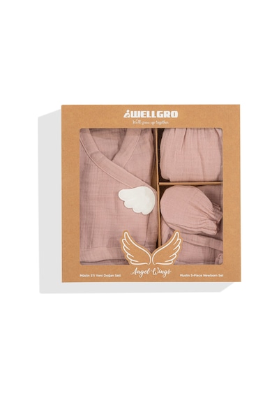 Wellgro Angel Wings Hastane Çıkışı Müslin 5'li Yeni Doğan Seti-Pembe