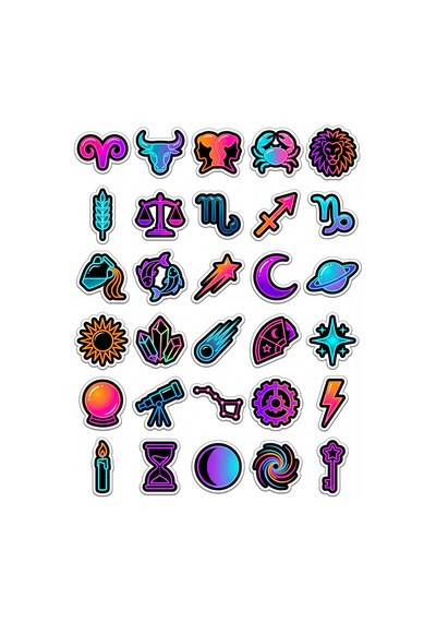 30 Adet Neon Parlak Astroloji Burçlar Sticker Seti - Laptop Telefon Defter İçin Çok Renkli