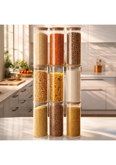 4-3 Bambu Vakumlu Kapaklı Yuvarlak Borosilikat Cam 9lu Kavanoz Seti Saklama Kabı 2100ml 10x30cm Diğer