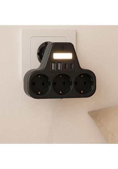 3 Lü Duvar Tipi Priz 2 Usb-a 2 Type-c Girişli Led Gece Lambalı Akım Korumalı Çoklayıcı 0